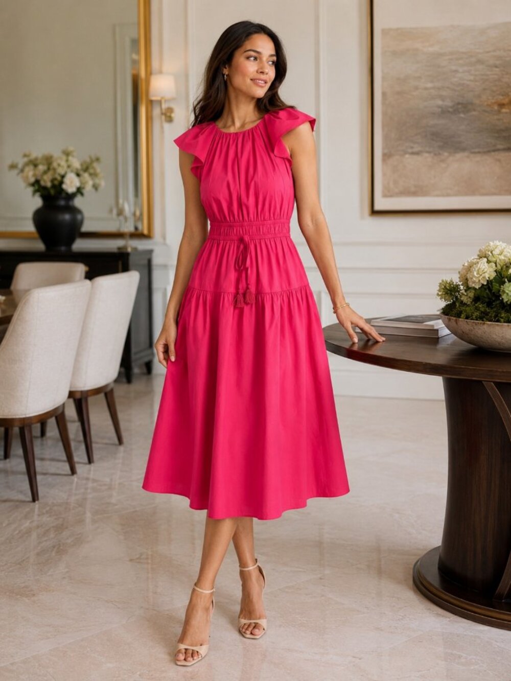 Maggy London Tie Detail Waist Vivid Pink Midi Dress NWT Last One Work Events